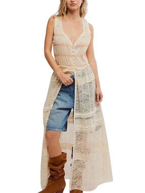 Free People Sweet Saloon Sleeveless Maxi Lace Duster Dress Bodysuit Size M